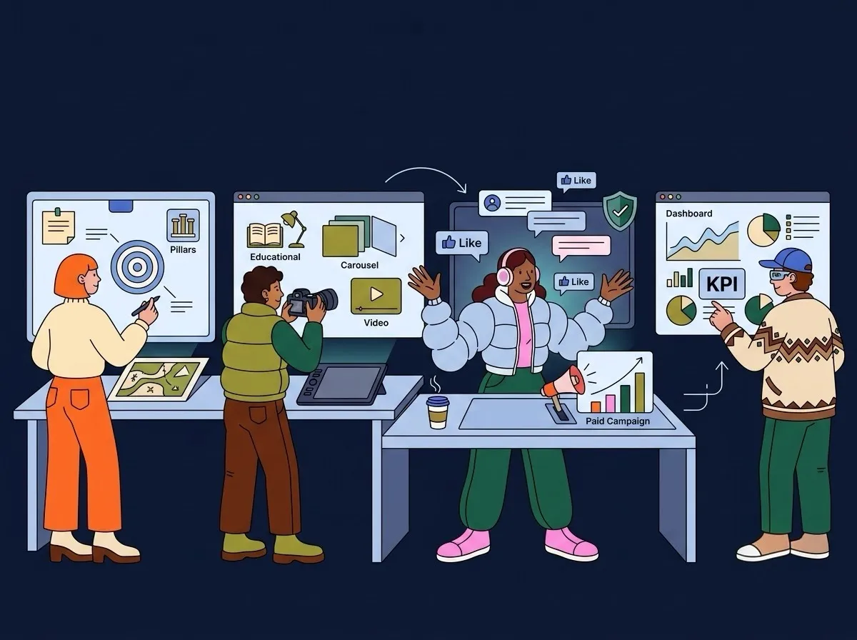 Comprehensive social media management process covering content creation and community building pillars