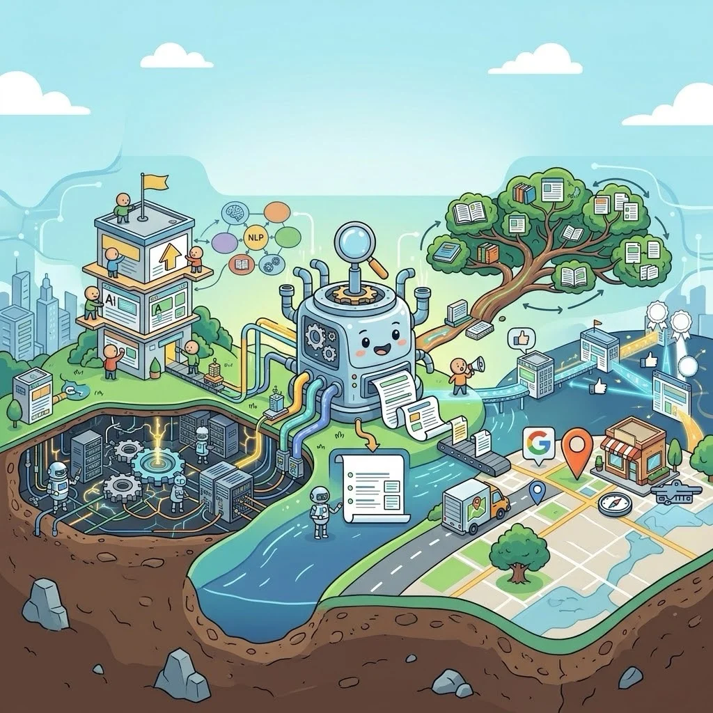 Comprehensive SEO services uniting technical, on-page, off-page, content, and local SEO into one ecosystem